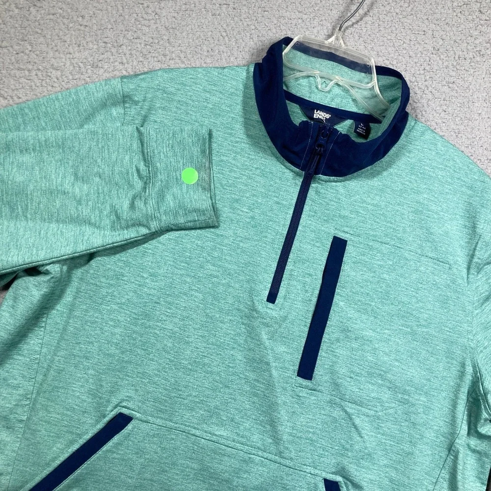 Lands' End Quarter Zip Pullover‎ Mens Large Teal Heather Navy Stretch Pocket